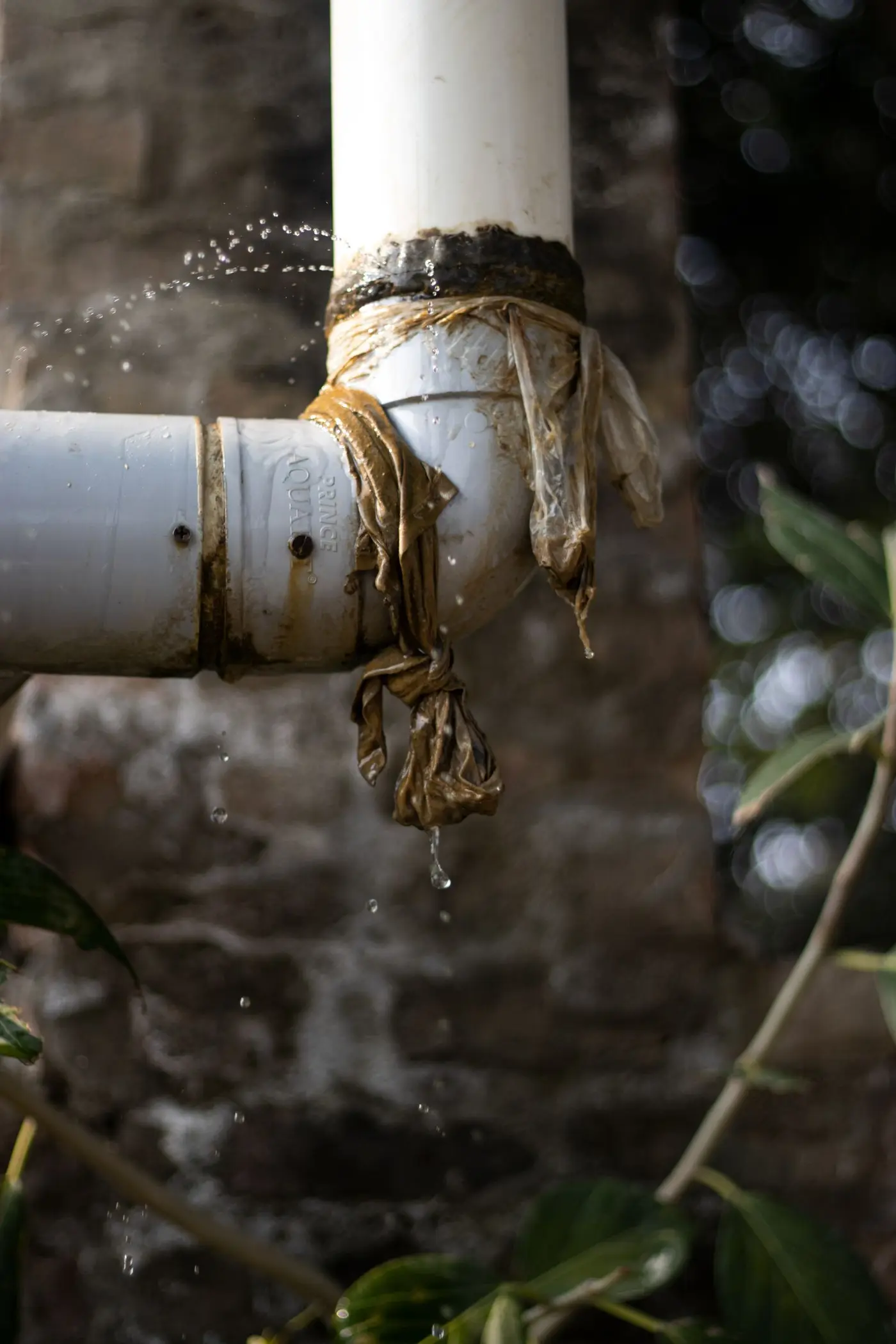 Water spraying and dripping from a failed joint on a white plastic water pipe