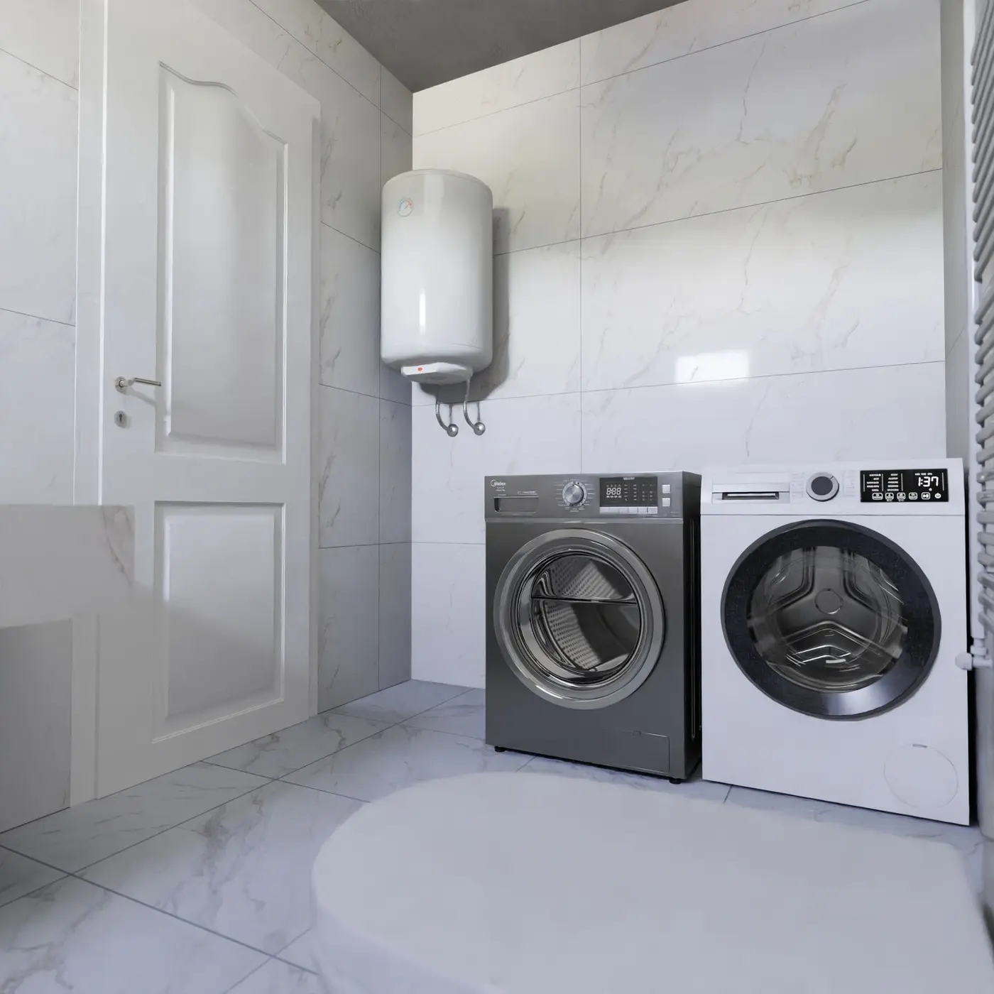 A wall mounted white water heater above a washer and dryer in a tiled laundry room